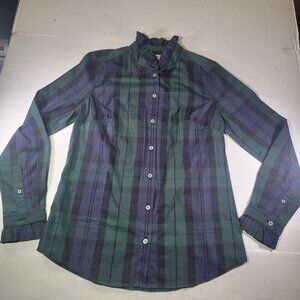 J.Crew Green & Navy Plaid Ruffle Collar Long Sleeve Button-Up Shirt Size  XS